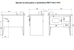 Sporák na tuhá paliva s teplovodním výměníkem PRITY W12 1P41, levá